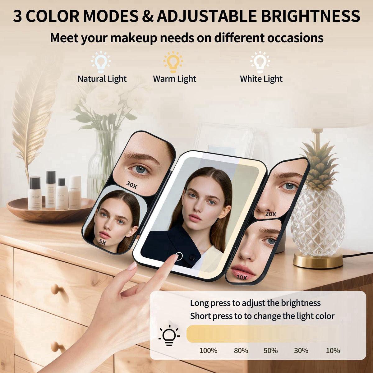Junyaoxuan Tri-fold Vanity Mirror with Light,Rechargeable Travel Makeup Mirror with 5X/10X/20X/30X Magnifying Mirror,Tou