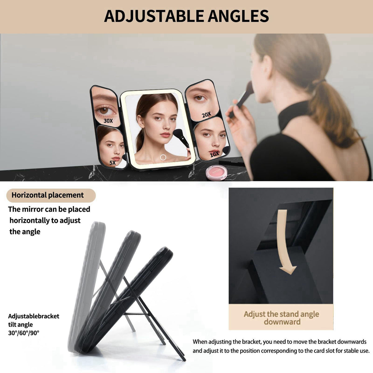 Junyaoxuan Tri-fold Vanity Mirror with Light,Rechargeable Travel Makeup Mirror with 5X/10X/20X/30X Magnifying Mirror,Tou