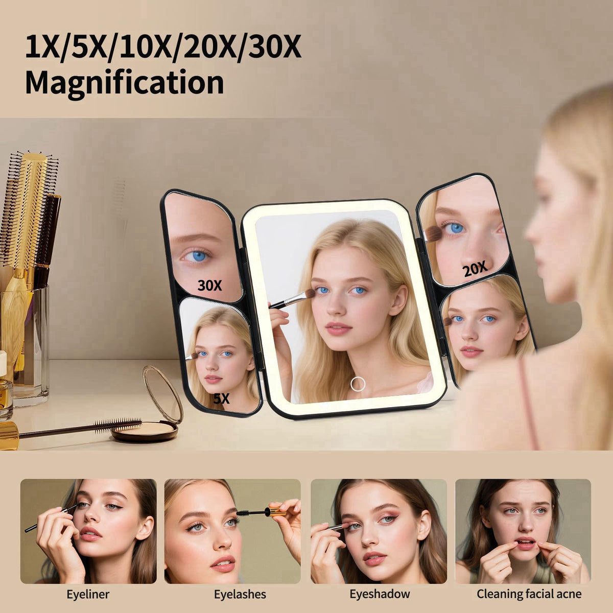 Junyaoxuan Tri-fold Vanity Mirror with Light,Rechargeable Travel Makeup Mirror with 5X/10X/20X/30X Magnifying Mirror,Tou