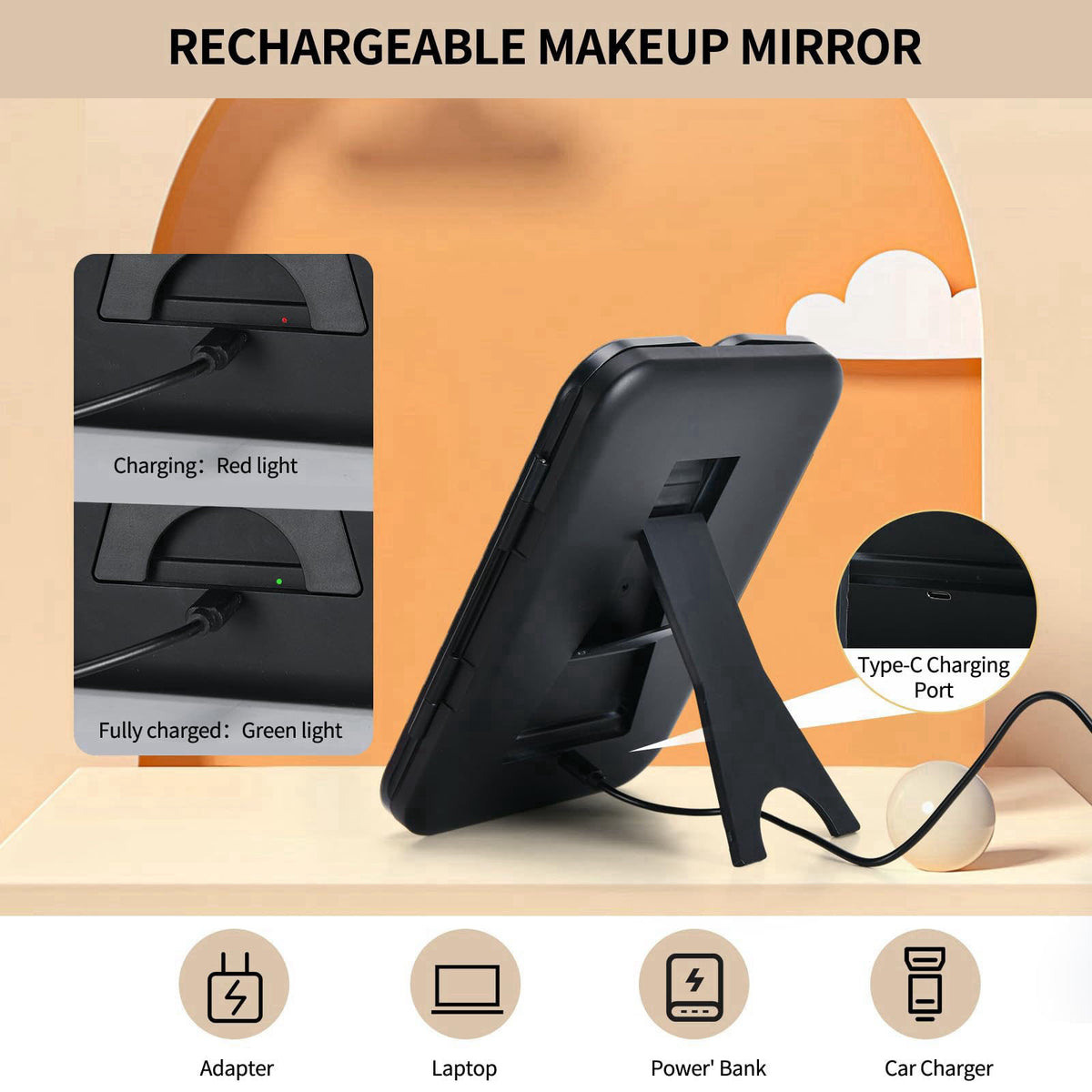 Junyaoxuan Tri-fold Vanity Mirror with Light,Rechargeable Travel Makeup Mirror with 5X/10X/20X/30X Magnifying Mirror,Tou
