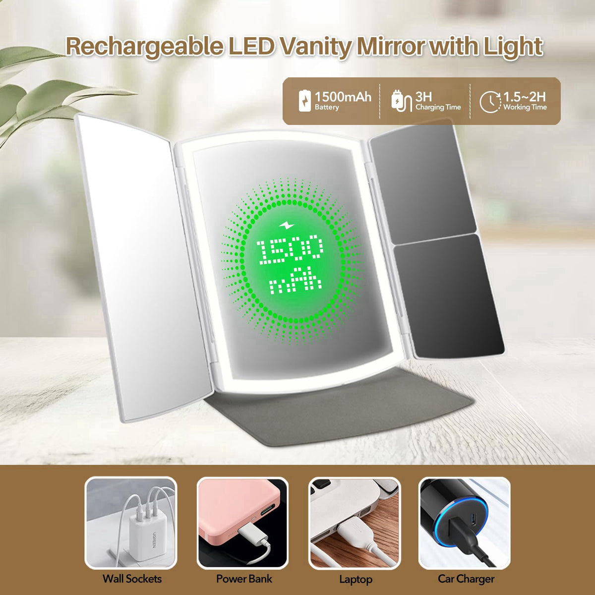 WIZCHARK Makeup Mirror,Vanity Mirror with Lights,2X/5X,White – full view