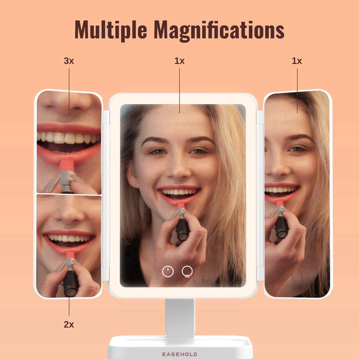 EASEHOLD 2000mAh Rechargeable Trifold Lighted Makeup Vanity Mirror with 64 Lights – packaging and label