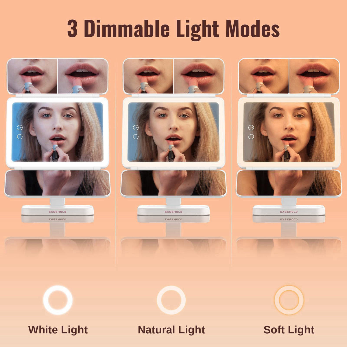 EASEHOLD 2000mAh Rechargeable Trifold Lighted Makeup Vanity Mirror with 64 Lights – full view