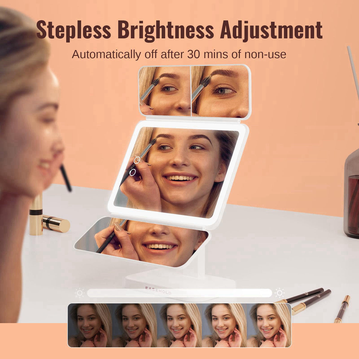 EASEHOLD 2000mAh Rechargeable Trifold Lighted Makeup Vanity Mirror with 64 Lights – alternate angle
