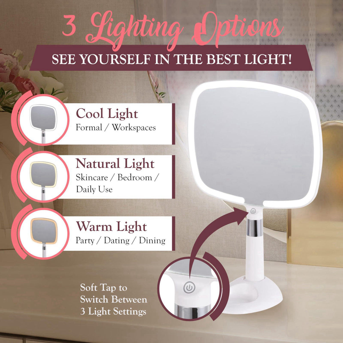 MIRRORVANA Lighted Handheld Mirror with Detachable Stand, 9" x 13" (White) – close-up detail in White