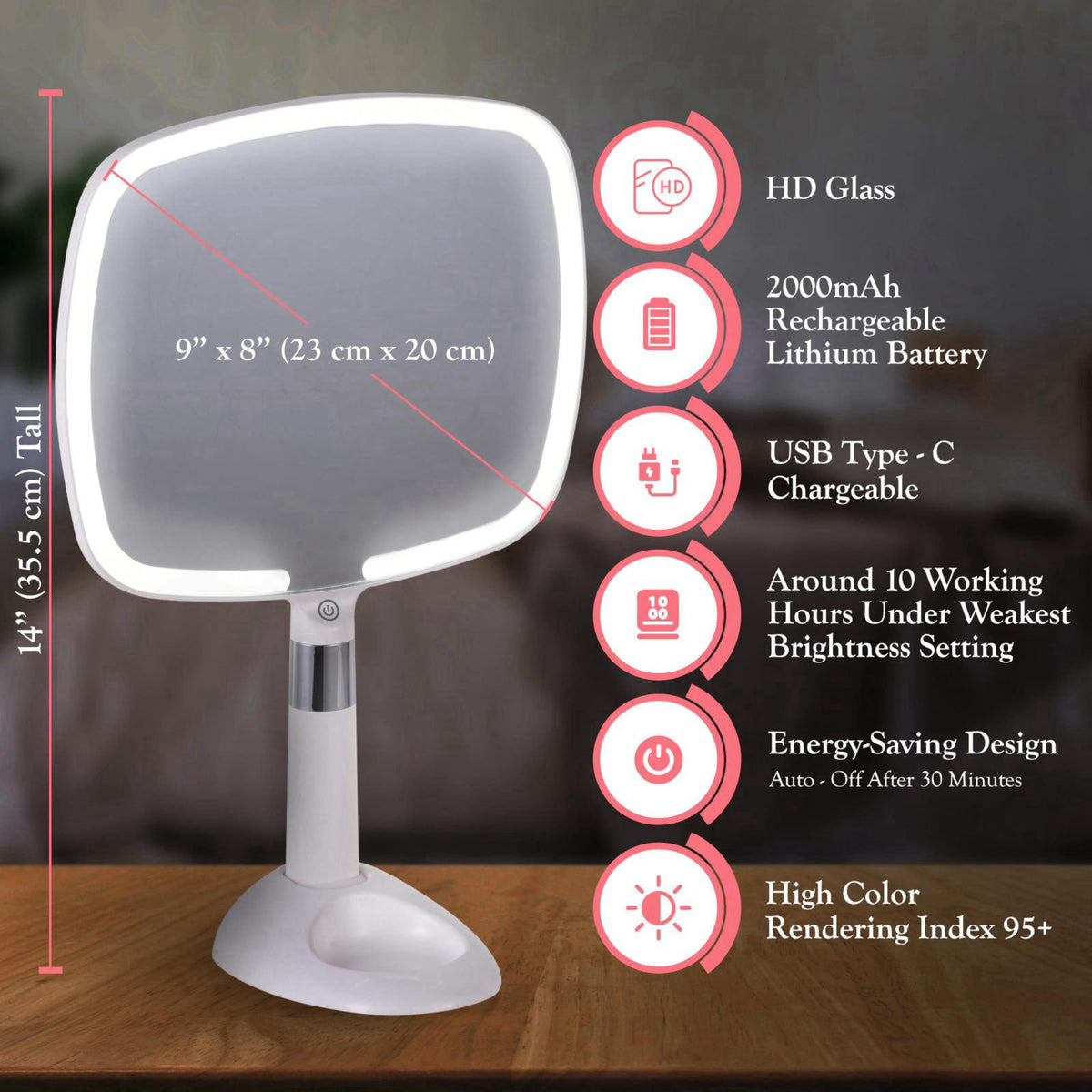 MIRRORVANA Lighted Handheld Mirror with Detachable Stand, 9" x 13" (White) – packaging and label