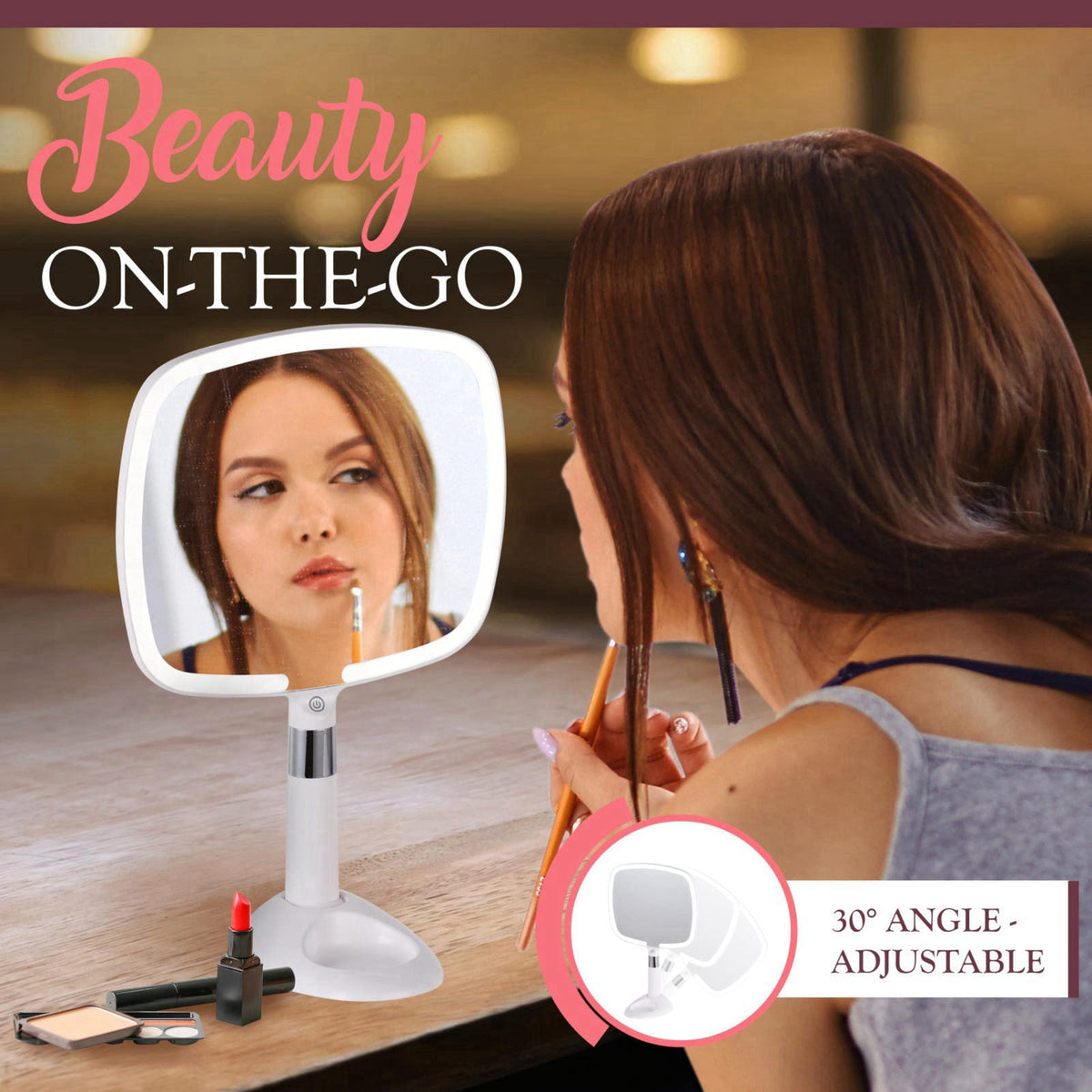 MIRRORVANA Lighted Handheld Mirror with Detachable Stand, 9" x 13" (White) – full view