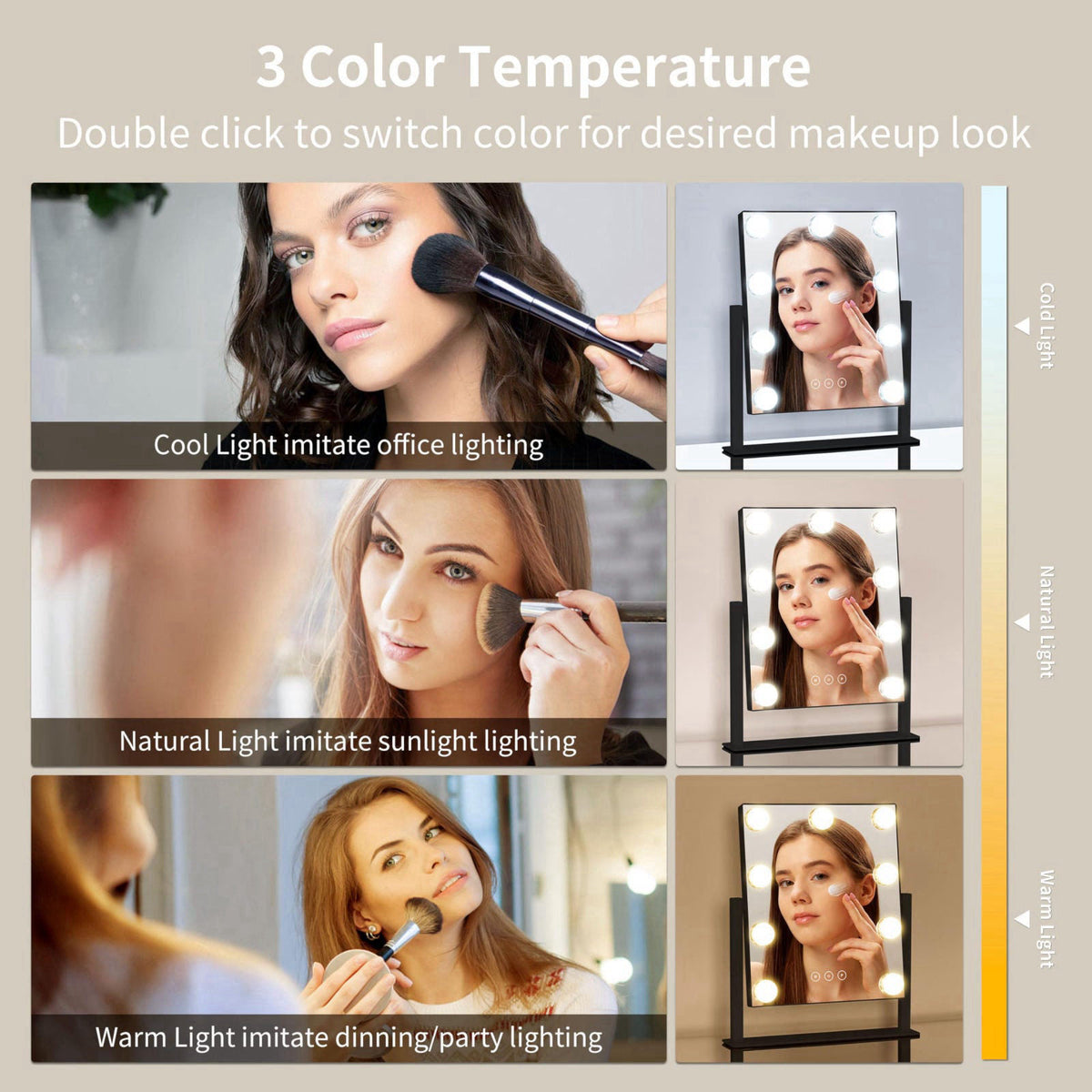NUSVAN Vanity Mirror with Lights,Makeup Mirror with Lights,3 Color Lighting Modes Detachable 10X Magnification Mirror To