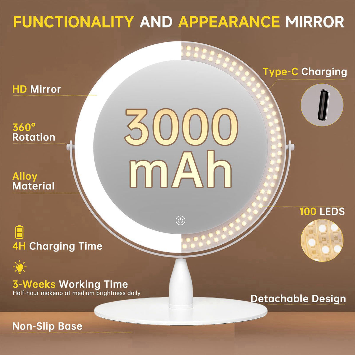 DEXHOM 9" Magnifying Vanity Mirror with Light, 10X/1X Makeup Mirror – back view and specifications