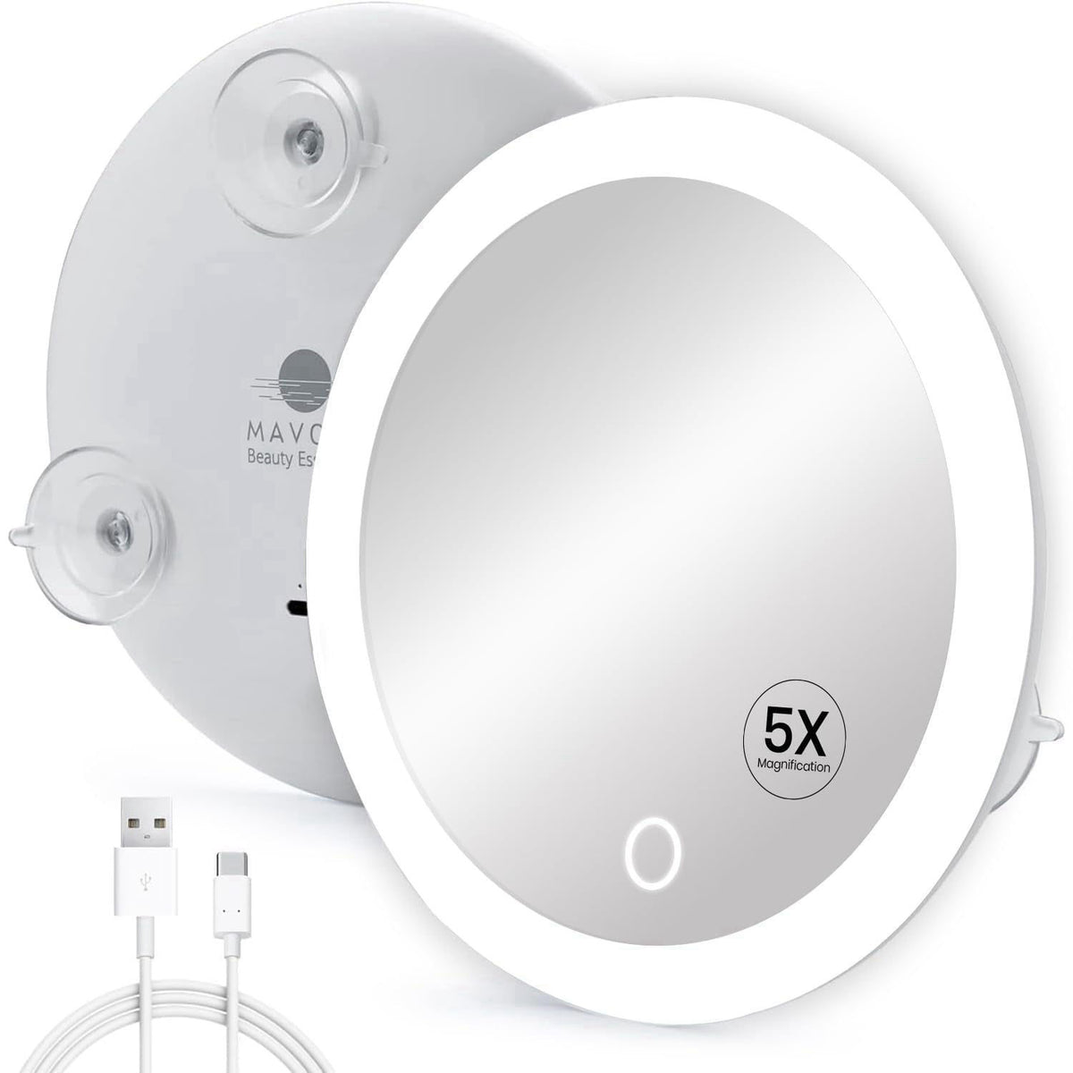 Mavoro 6.8" LED Magnifying Makeup Mirror | 3 Suction Cups | USB-C | 5X – product photo (Compact &amp; Travel Mirrors