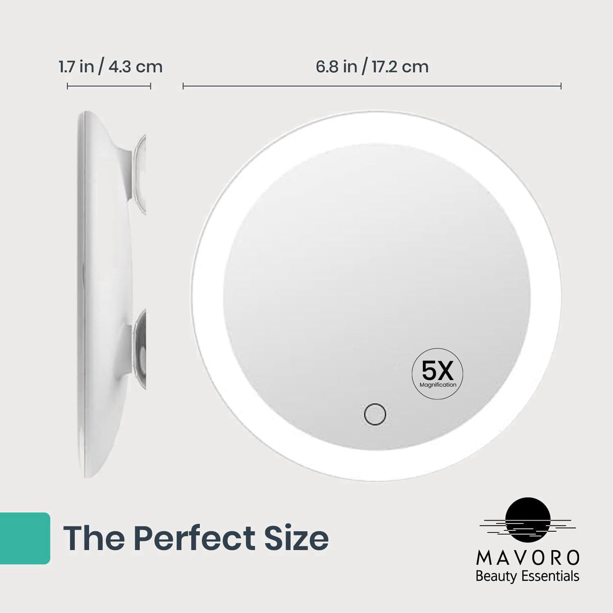 Mavoro 6.8" LED Magnifying Makeup Mirror | 3 Suction Cups | USB-C | 5X – packaging and label