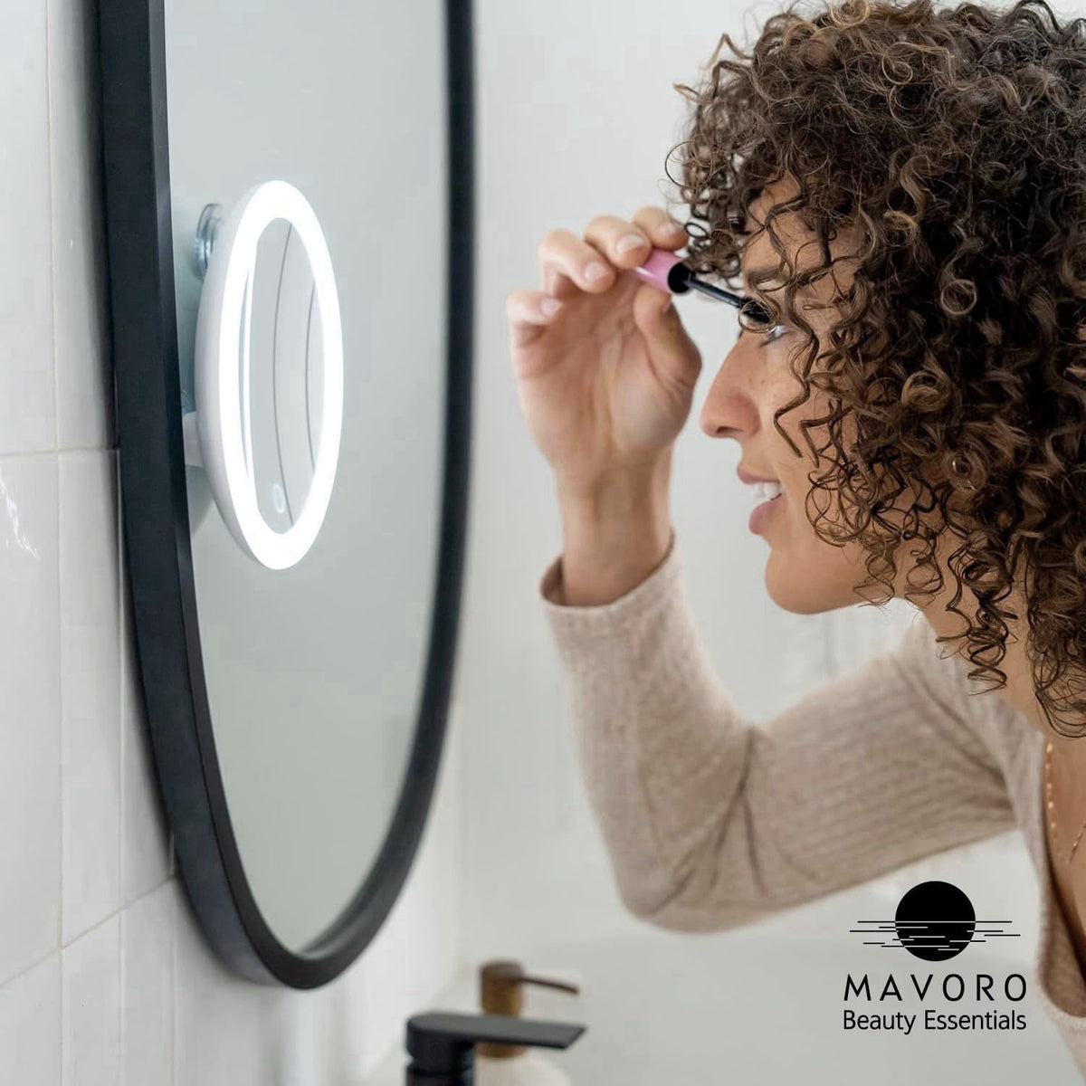 Mavoro 6.8" LED Magnifying Makeup Mirror | 3 Suction Cups | USB-C | 5X – back view and specifications