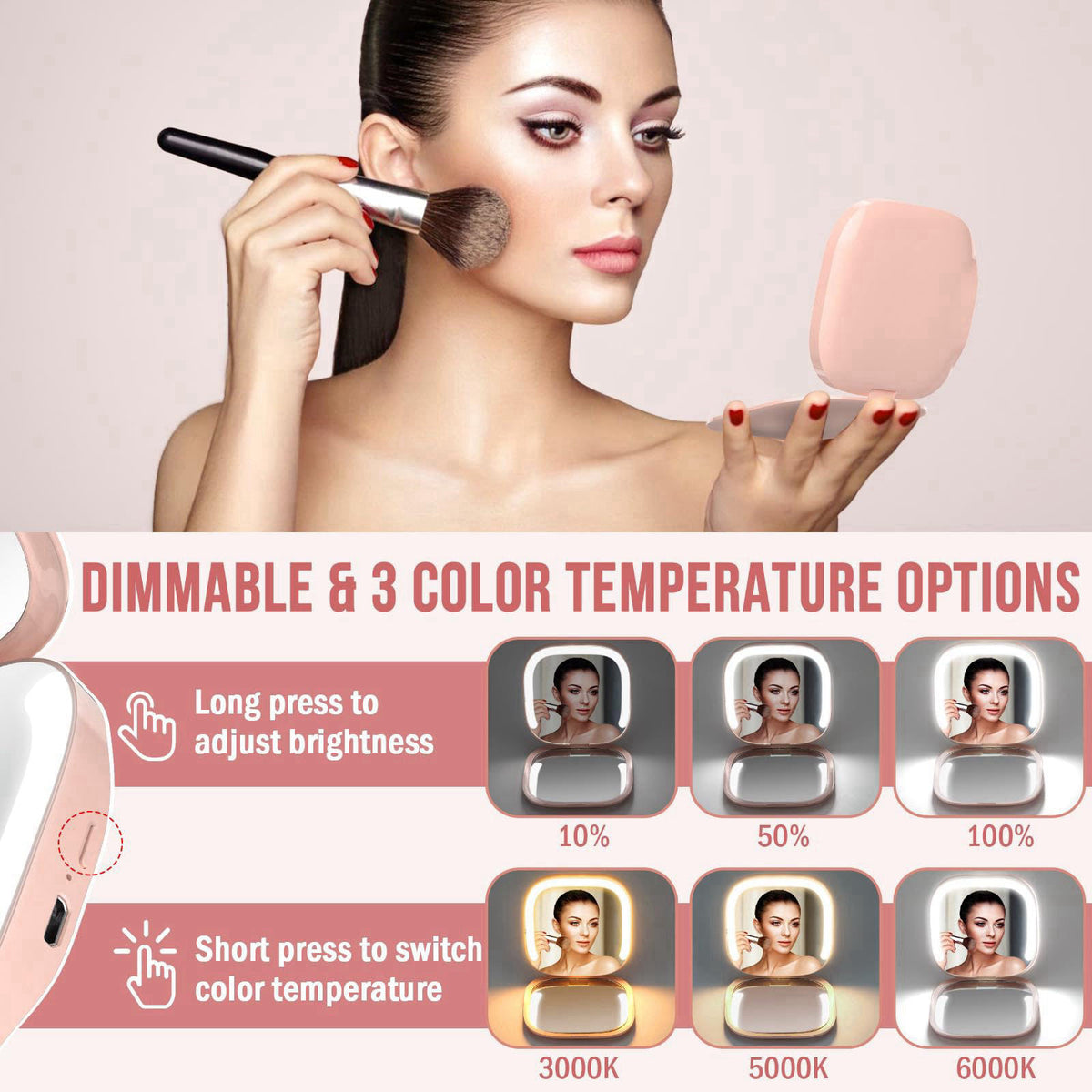 MY BEAUTY LIGHT Bright Compact Mirror with Durable Rechargeable 1X/3X Magnifying Light, 3000K-6000K Travel Makeup Mirror