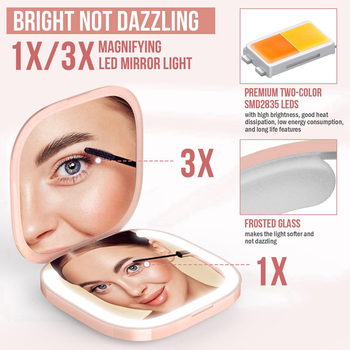MY BEAUTY LIGHT Bright Compact Mirror with Durable Rechargeable 1X/3X Magnifying Light, 3000K-6000K Travel Makeup Mirror