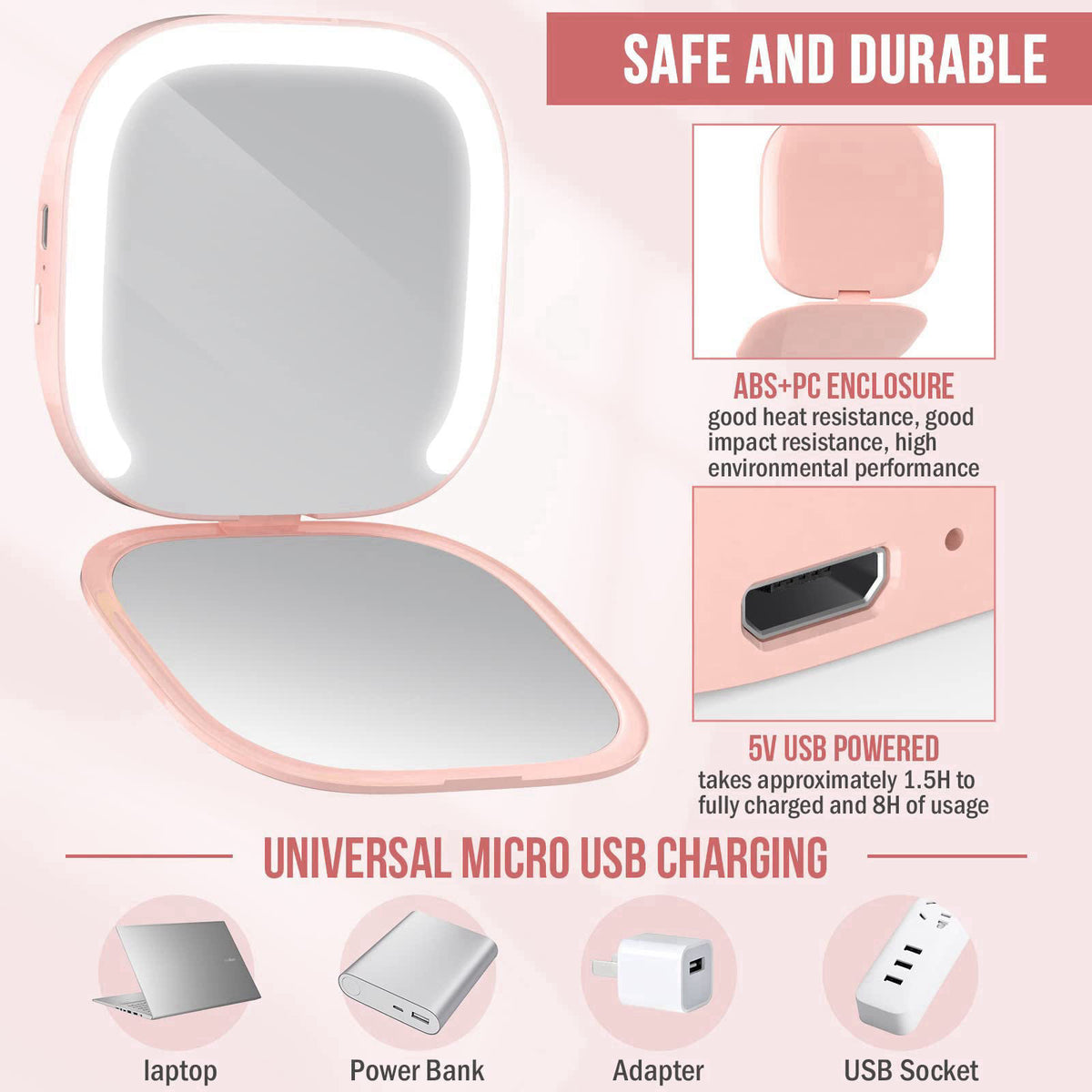 MY BEAUTY LIGHT Bright Compact Mirror with Durable Rechargeable 1X/3X Magnifying Light, 3000K-6000K Travel Makeup Mirror