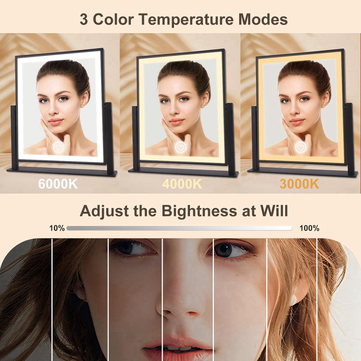 Beelux Vanity Mirror with Lights, 11" Makeup Mirror with Dimmable Light, Smart Control, Memory, Adjustable 3 Modes L