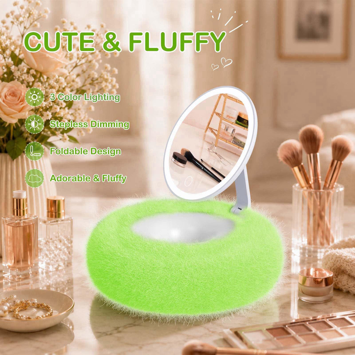 WIZCHARK Rechargeable Compact Makeup Mirror with Light,Green – close-up detail