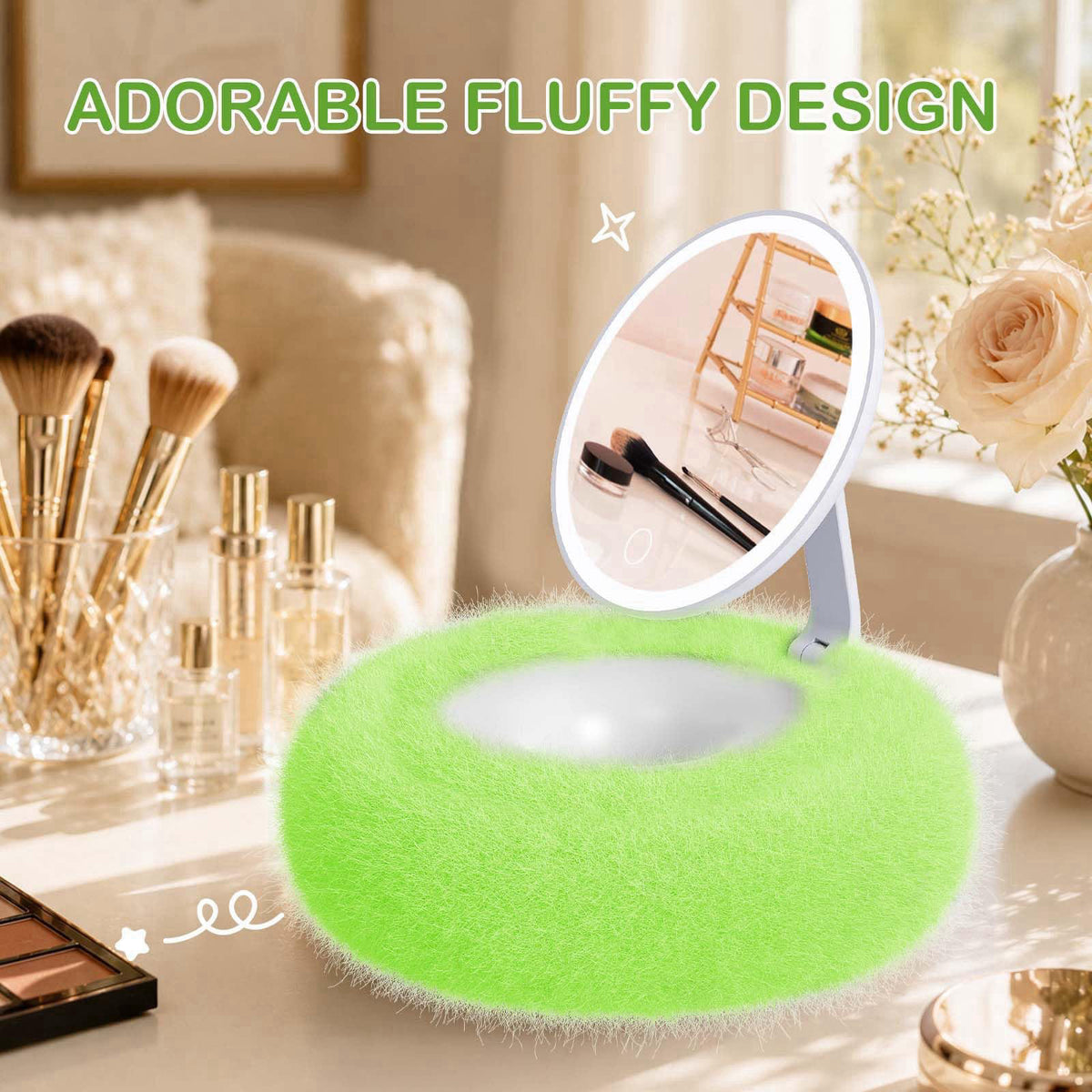 WIZCHARK Rechargeable Compact Makeup Mirror with Light,Green – back view and specifications