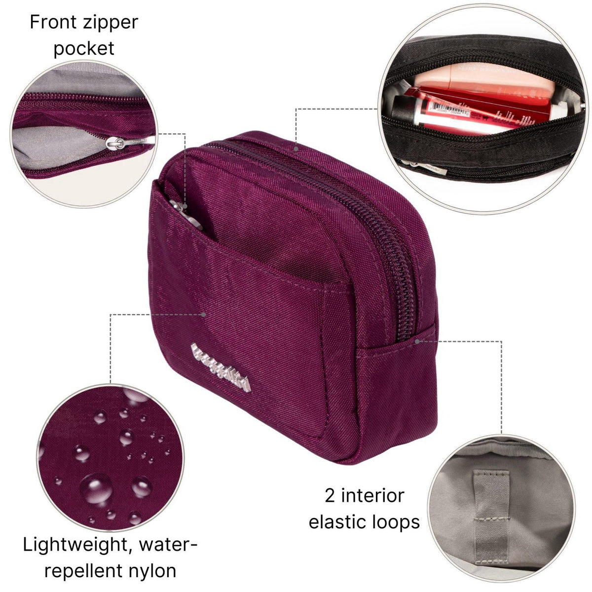 Baggallini Women's Pocket Cosmetic - Lightweight Bag - Travel Essentials Makeup Organizer Mini – packaging and label