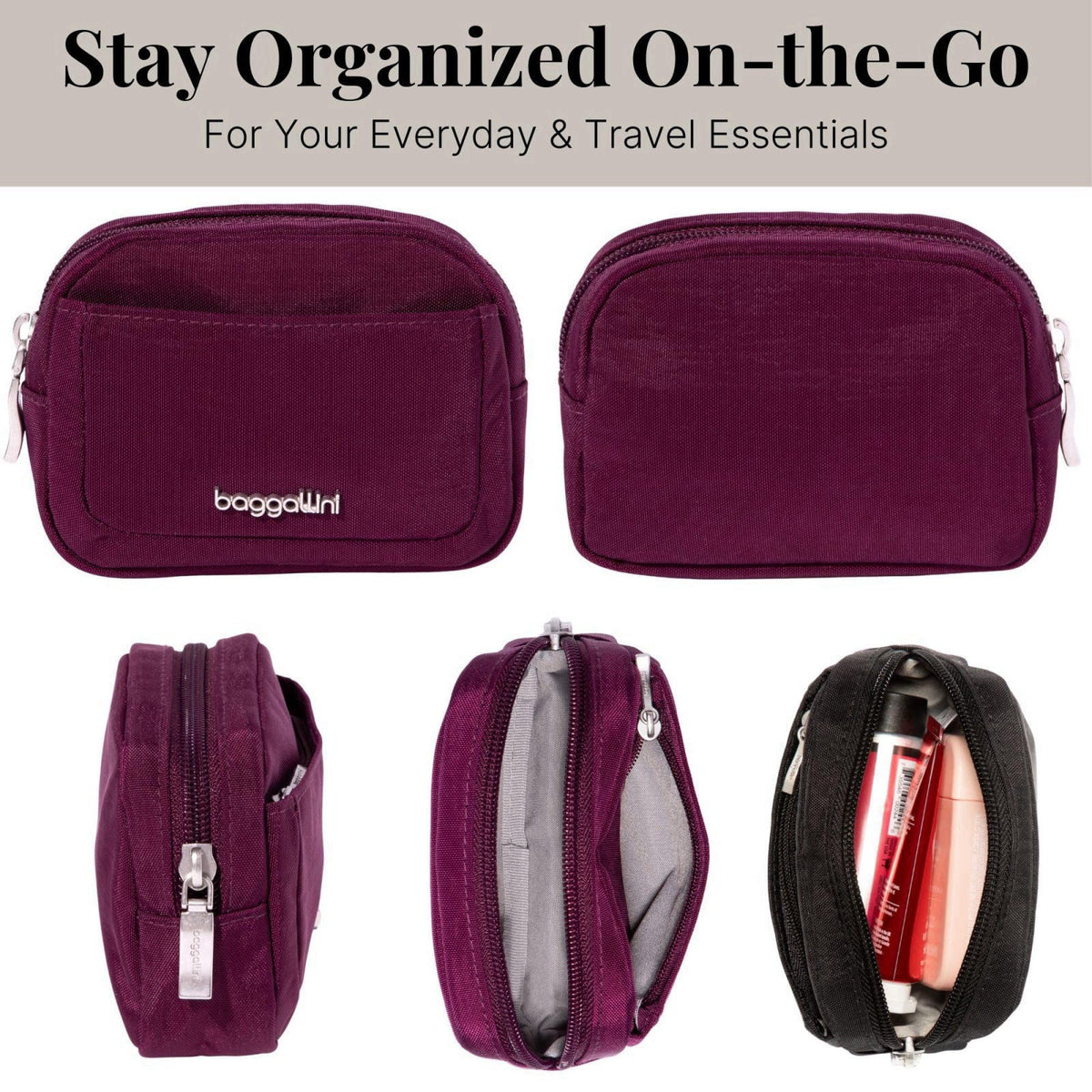 Baggallini Women's Pocket Cosmetic - Lightweight Bag - Travel Essentials Makeup Organizer Mini – full view
