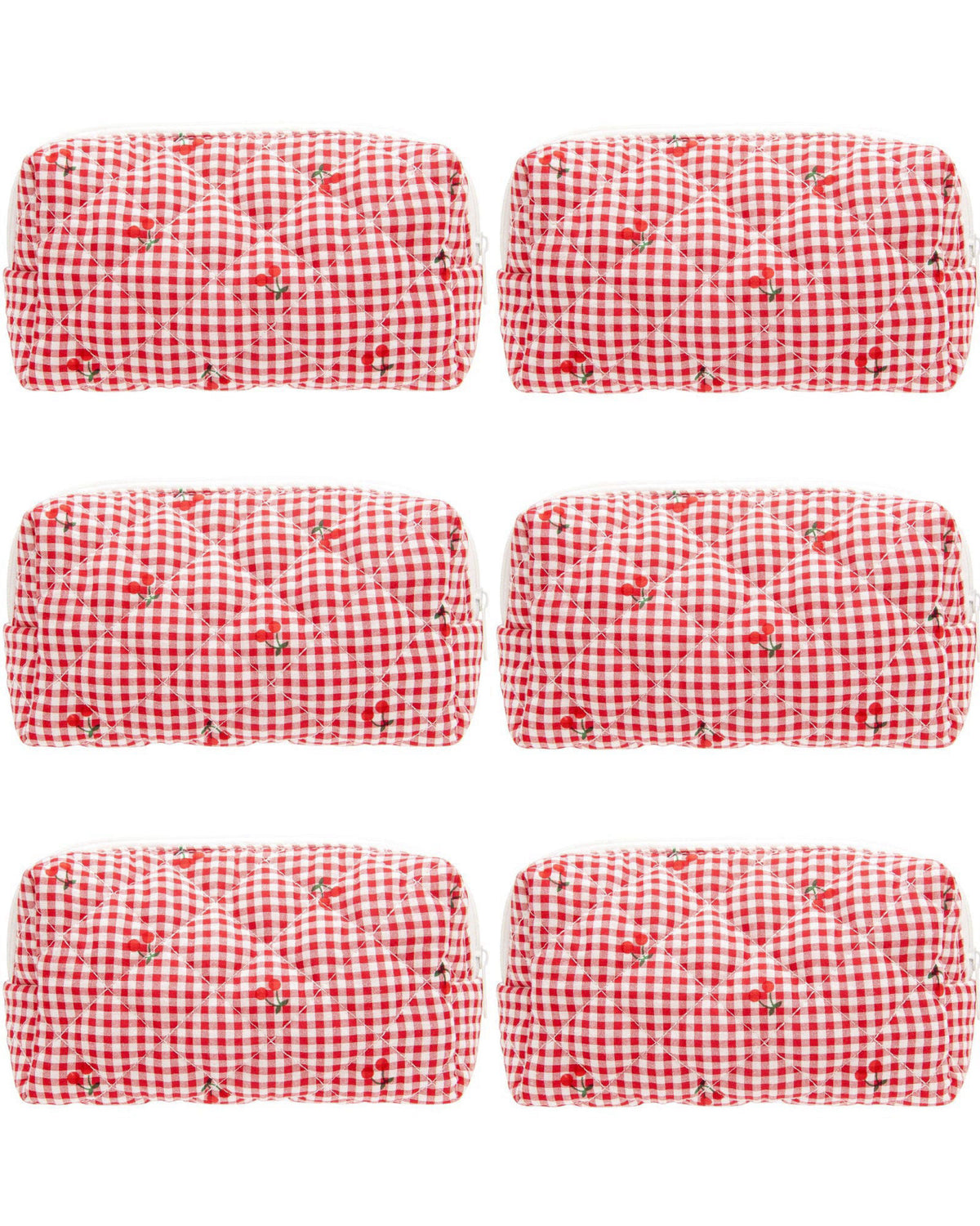 PAZIMIIK Small Quilted Makeup Bag,Zipper Cosmetic Pouch,Gingham Red Cherry,6 Pack