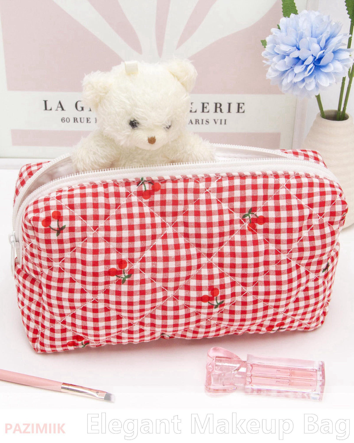PAZIMIIK Small Quilted Makeup Bag,Zipper Cosmetic Pouch,Gingham Red Cherry,6 Pack – close-up detail