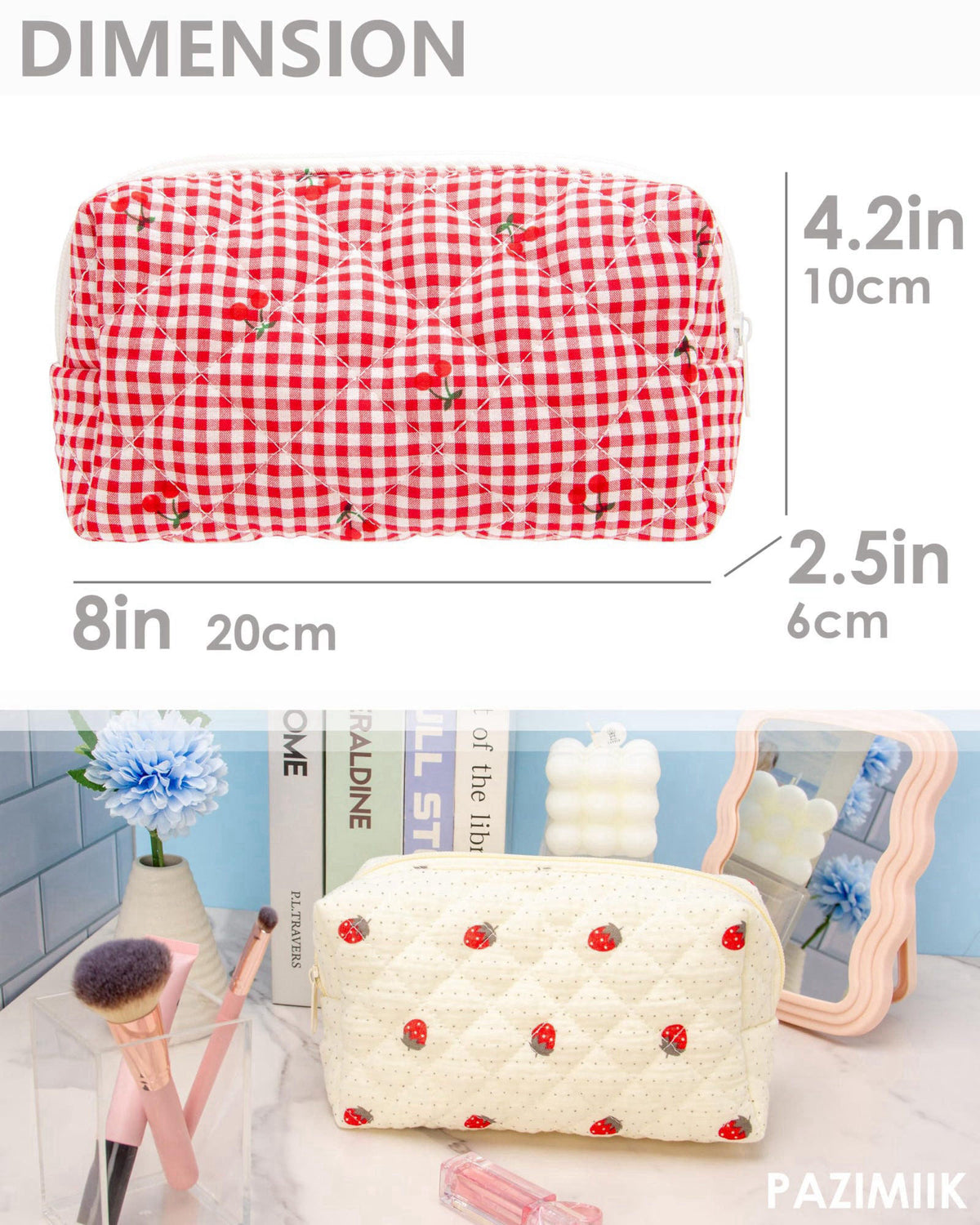 PAZIMIIK Small Quilted Makeup Bag,Zipper Cosmetic Pouch,Gingham Red Cherry,6 Pack – full view