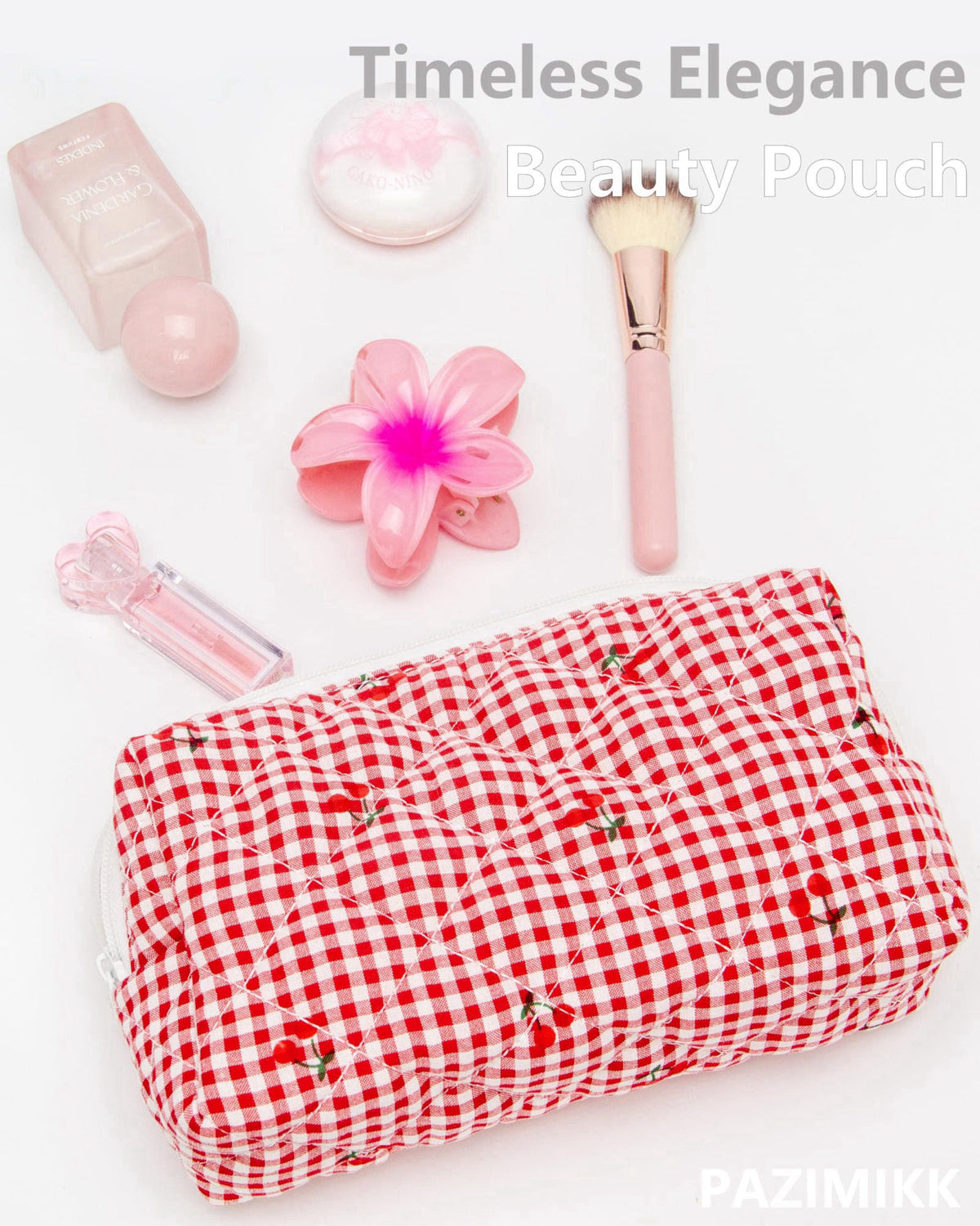 PAZIMIIK Small Quilted Makeup Bag,Zipper Cosmetic Pouch,Gingham Red Cherry,6 Pack – back view and specifications