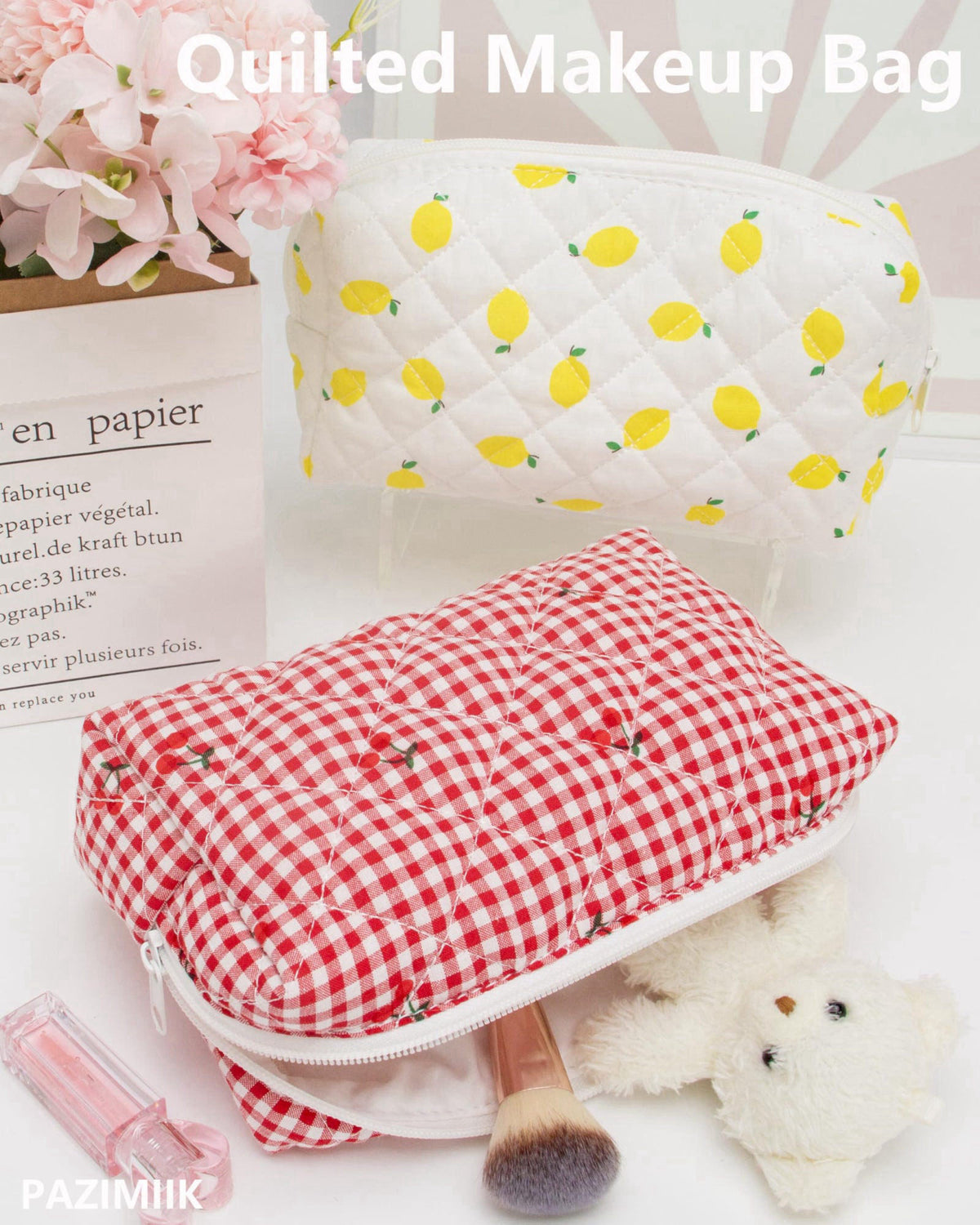 PAZIMIIK Small Quilted Makeup Bag,Zipper Cosmetic Pouch,Gingham Red Cherry,6 Pack – alternate angle