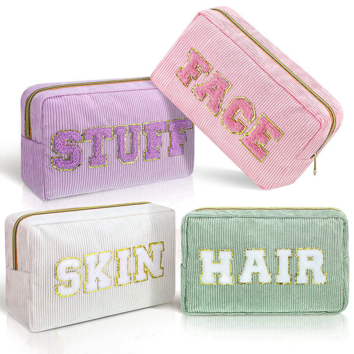 Pinkunn 4 Preppy Chenille Letter Makeup Bags,Purple, Pink, White, Green