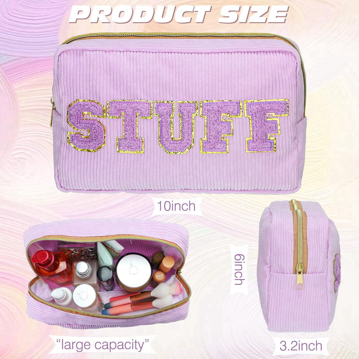 Pinkunn 4 Preppy Chenille Letter Makeup Bags,Purple, Pink, White, Green – close-up detail
