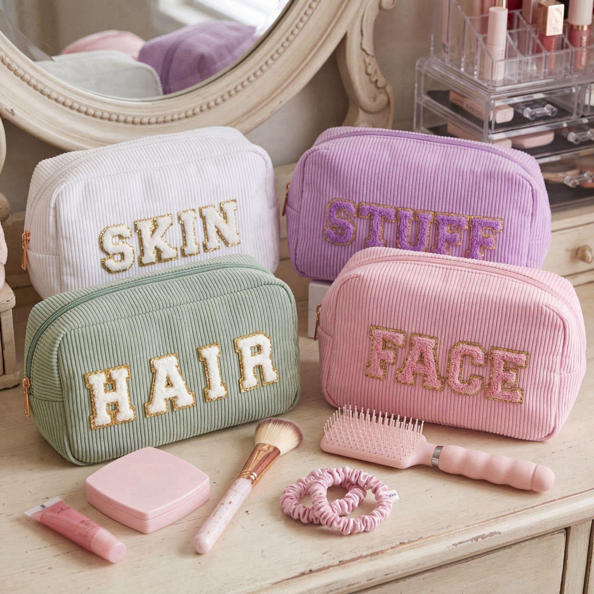 Pinkunn 4 Preppy Chenille Letter Makeup Bags,Purple, Pink, White, Green – packaging and label