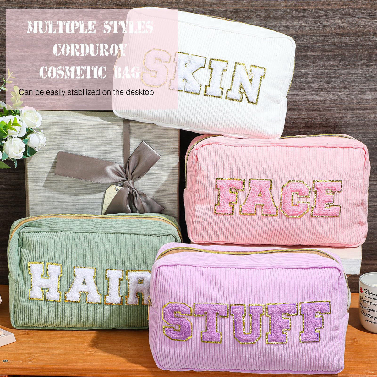 Pinkunn 4 Preppy Chenille Letter Makeup Bags,Purple, Pink, White, Green – full view