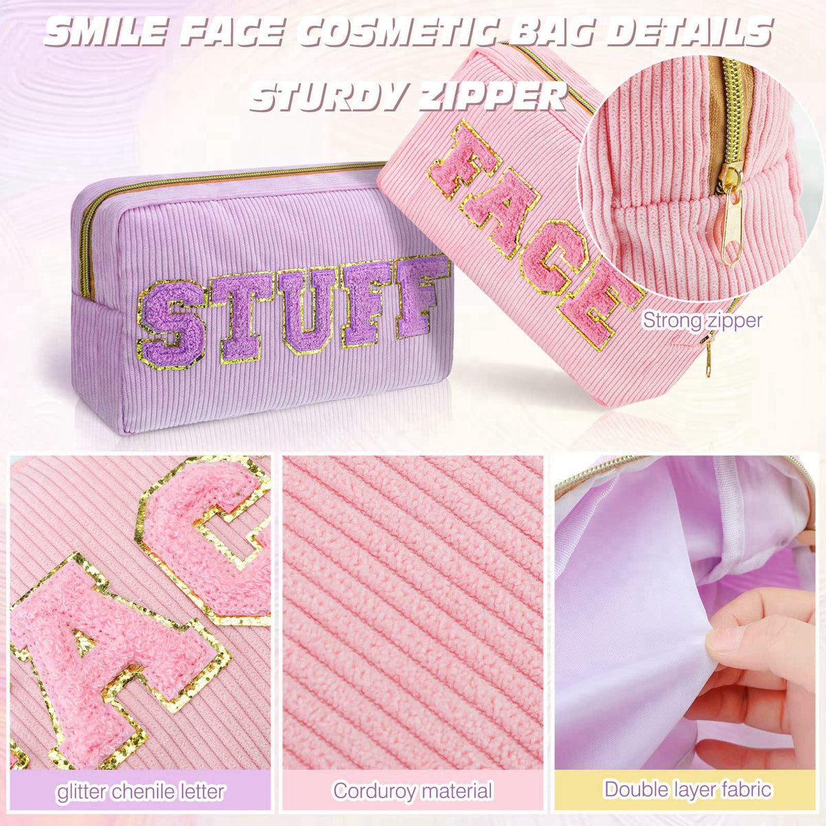 Pinkunn 4 Preppy Chenille Letter Makeup Bags,Purple, Pink, White, Green – back view and specifications