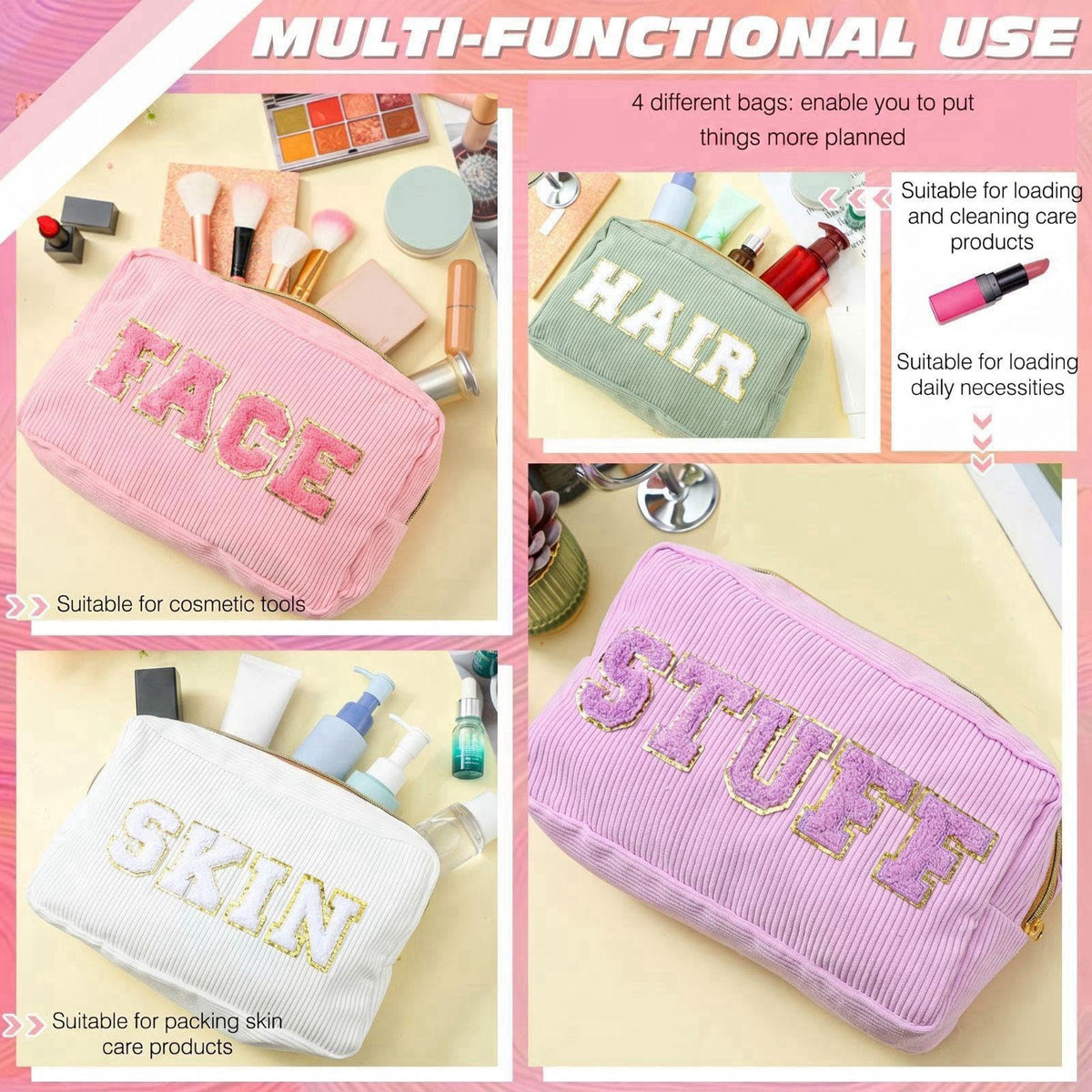 Pinkunn 4 Preppy Chenille Letter Makeup Bags,Purple, Pink, White, Green – alternate angle