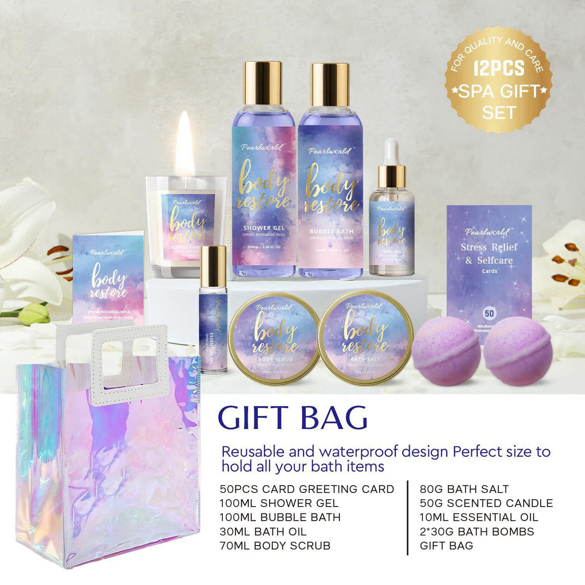 PEARLWORLD Birthday Gifts for Women, 12 Pcs Luxury Bath Skin Care Shower Bath Set – close-up detail