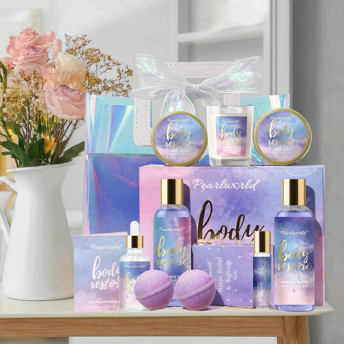 PEARLWORLD Birthday Gifts for Women, 12 Pcs Luxury Bath Skin Care Shower Bath Set – back view and specifications