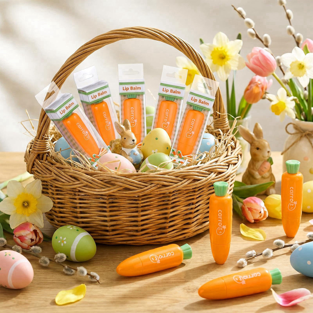 Dansib 24 Pcs Easter Beauty Gifts Bulk Moisturizing Carrot Lip Balm Bulk – close-up detail in Orange