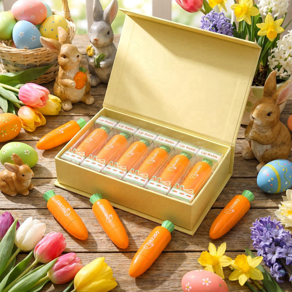 Dansib 24 Pcs Easter Beauty Gifts Bulk Moisturizing Carrot Lip Balm Bulk – packaging and label