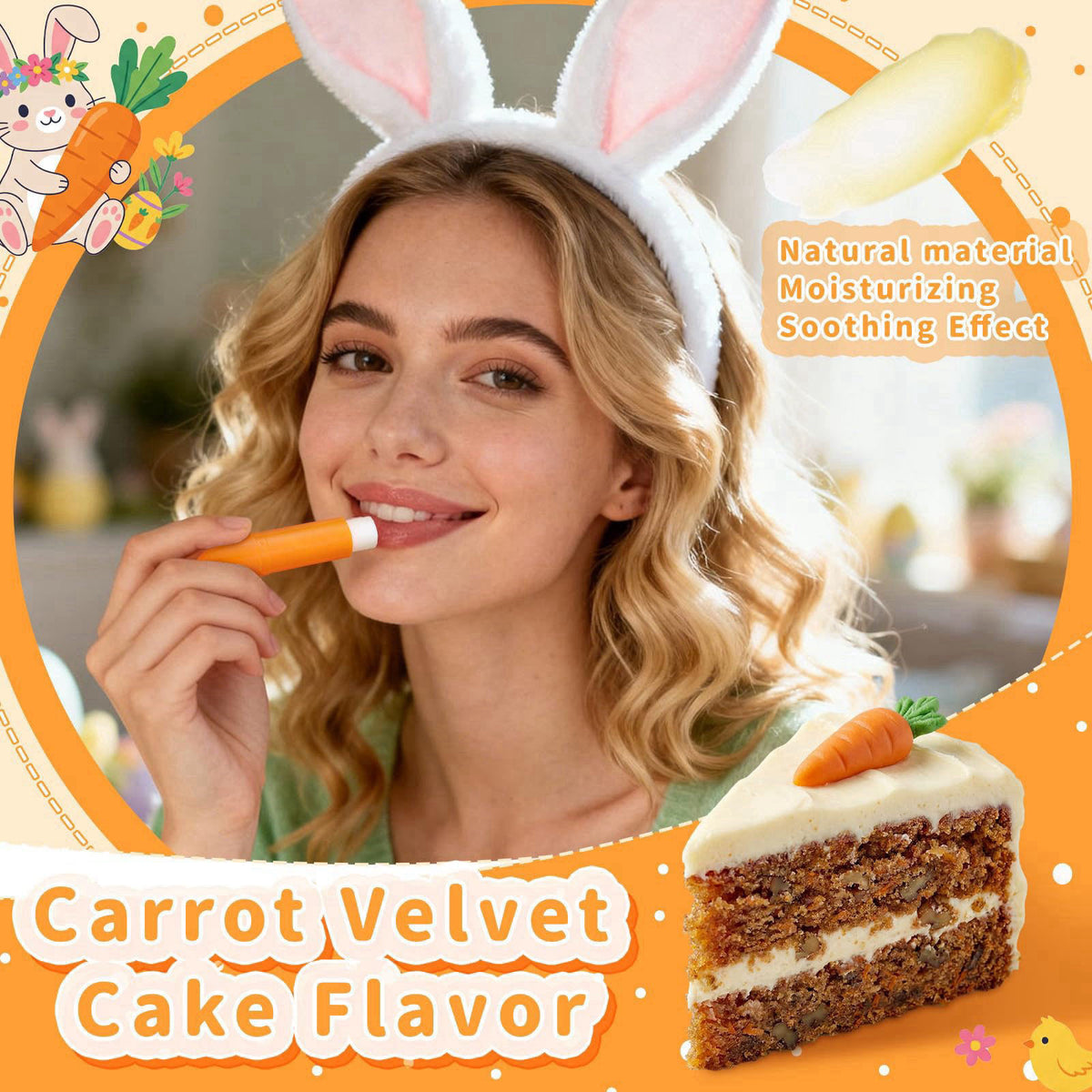 Dansib 24 Pcs Easter Beauty Gifts Bulk Moisturizing Carrot Lip Balm Bulk – back view and specifications