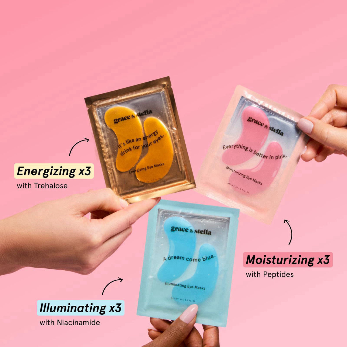 grace & stella Under Eye Patches Variety Pack - With 6 Colors (18 Pairs) – packaging and label