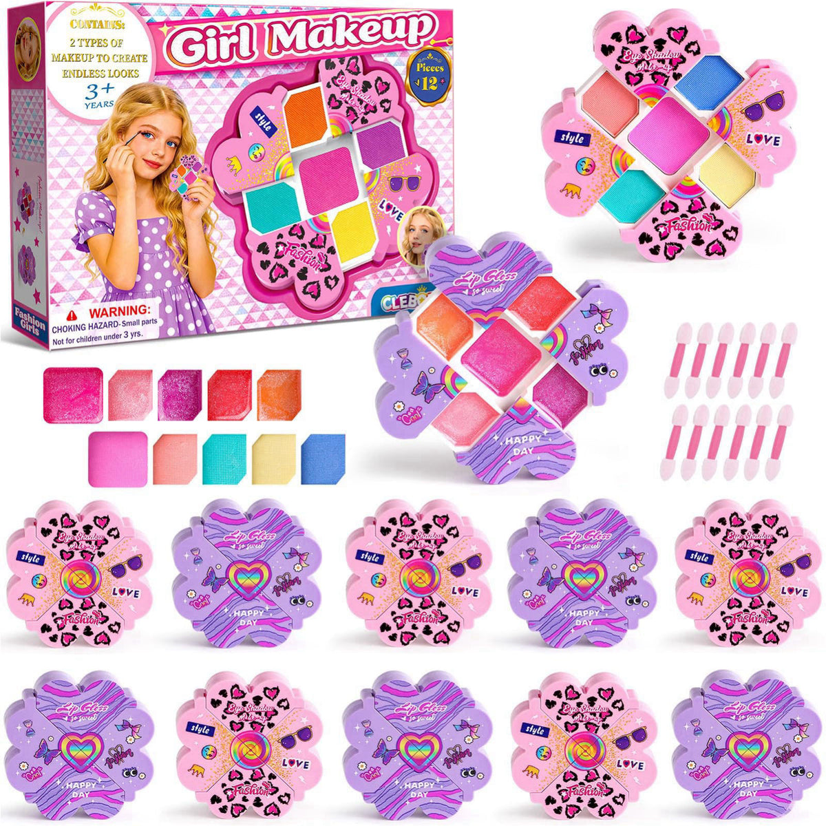 Cleboen Kids Makeup Kit for Girls, 12Pcs Washable Toy Cosmetics Set with Eyeshadow Lip Gloss Brushes, Water-Based Play M