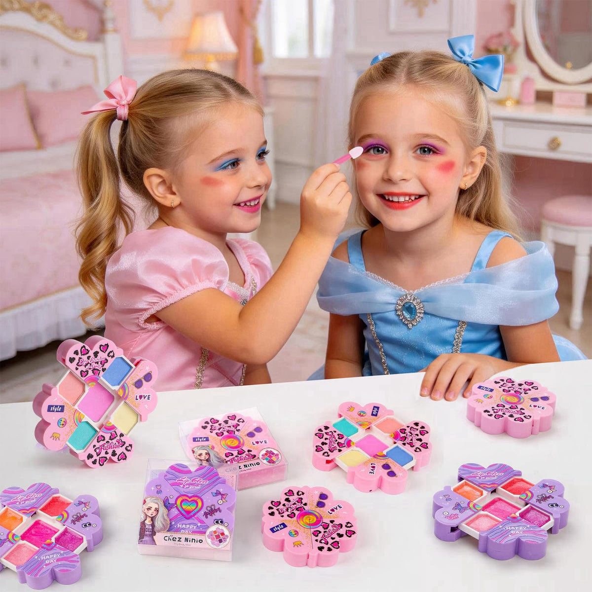 Cleboen Kids Makeup Kit for Girls, 12Pcs Washable Toy Cosmetics Set with Eyeshadow Lip Gloss Brushes, Water-Based Play M