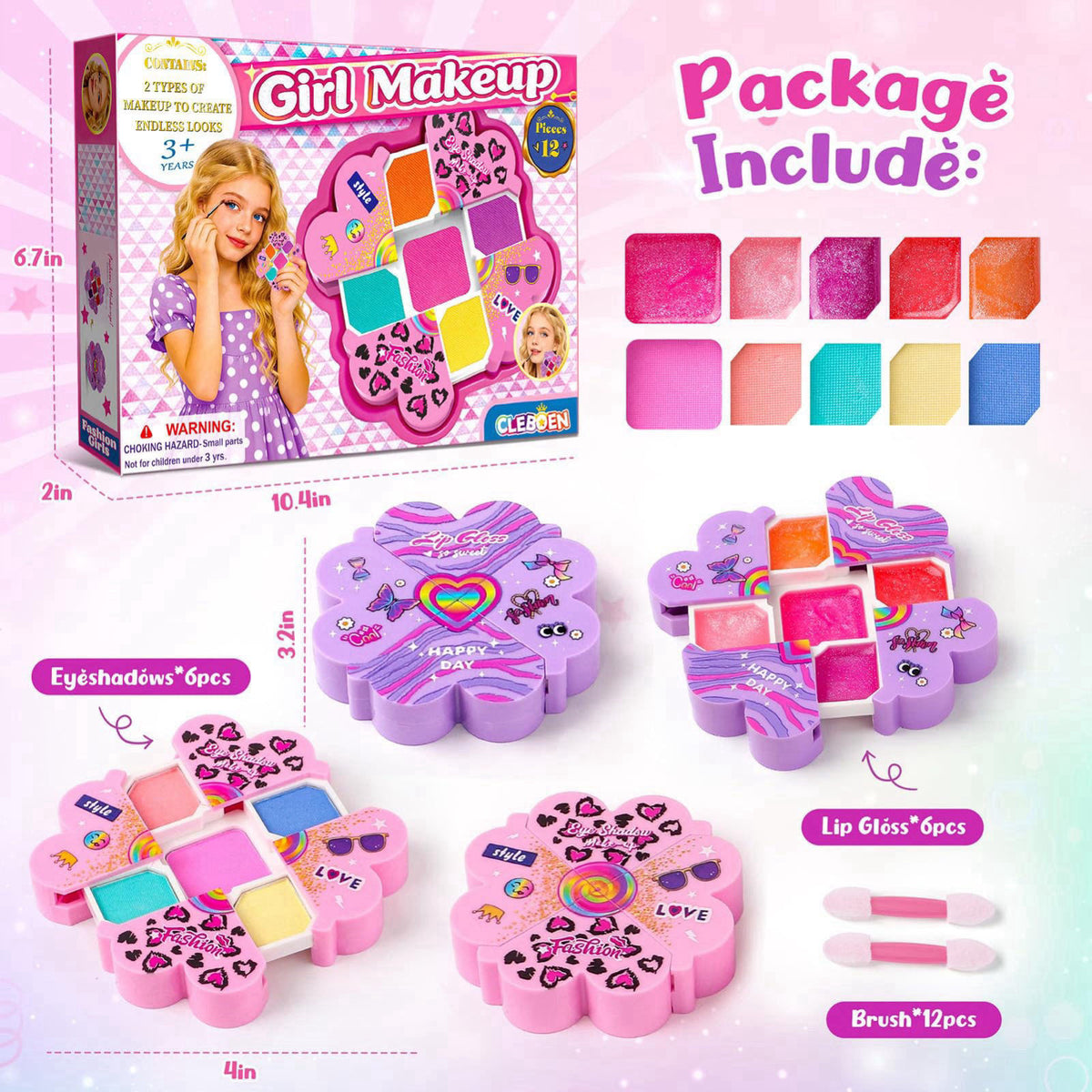 Cleboen Kids Makeup Kit for Girls, 12Pcs Washable Toy Cosmetics Set with Eyeshadow Lip Gloss Brushes, Water-Based Play M