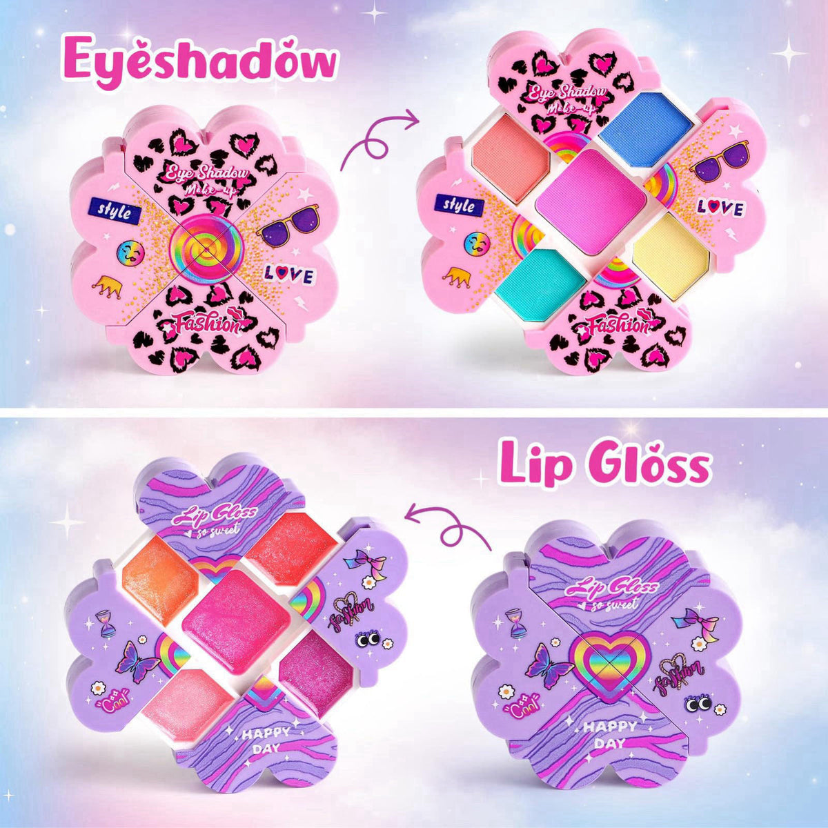 Cleboen Kids Makeup Kit for Girls, 12Pcs Washable Toy Cosmetics Set with Eyeshadow Lip Gloss Brushes, Water-Based Play M