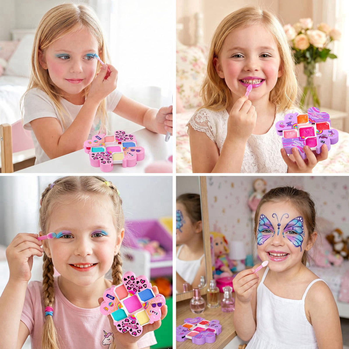 Cleboen Kids Makeup Kit for Girls, 12Pcs Washable Toy Cosmetics Set with Eyeshadow Lip Gloss Brushes, Water-Based Play M