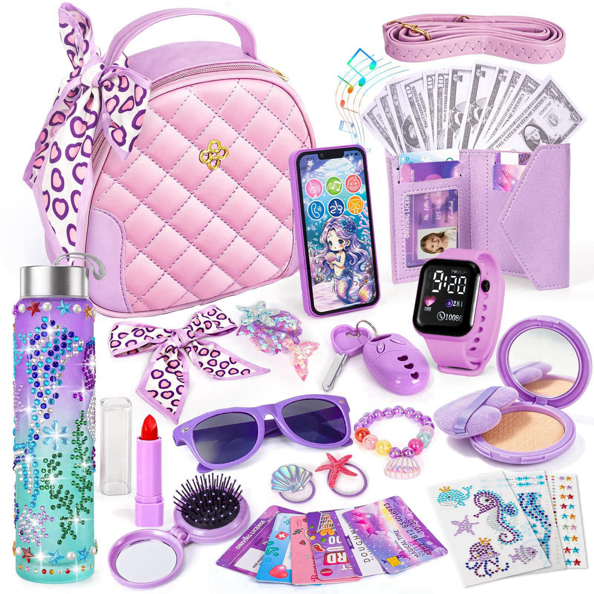 Hohosunlar Play Purse for Little Girls 3-12 with Pretend Makeup Phone Watch – Purple, Acrylonitrile Butadiene Styrene (A