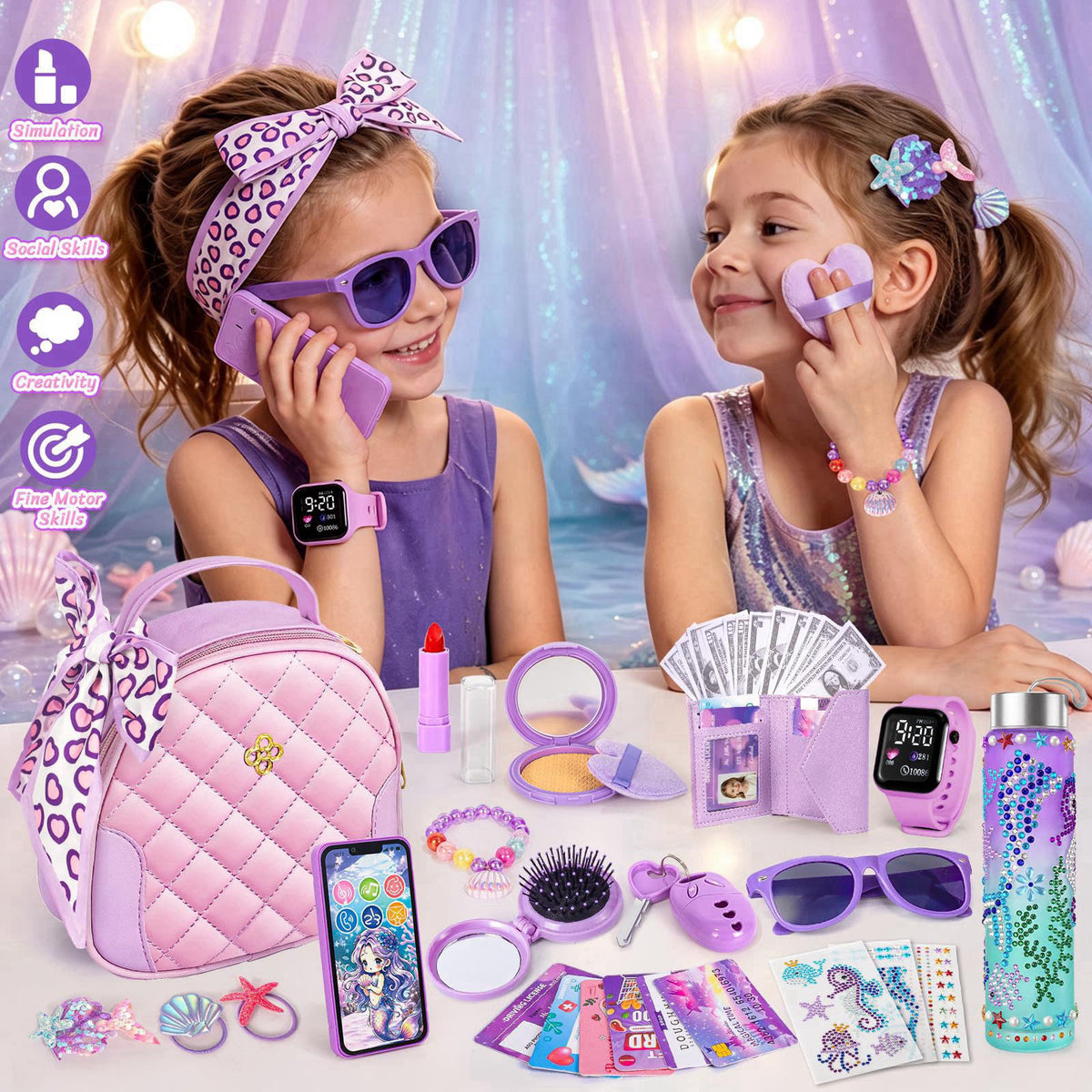 Hohosunlar Play Purse for Little Girls 3-12 with Pretend Makeup Phone Watch – close-up detail in Purple