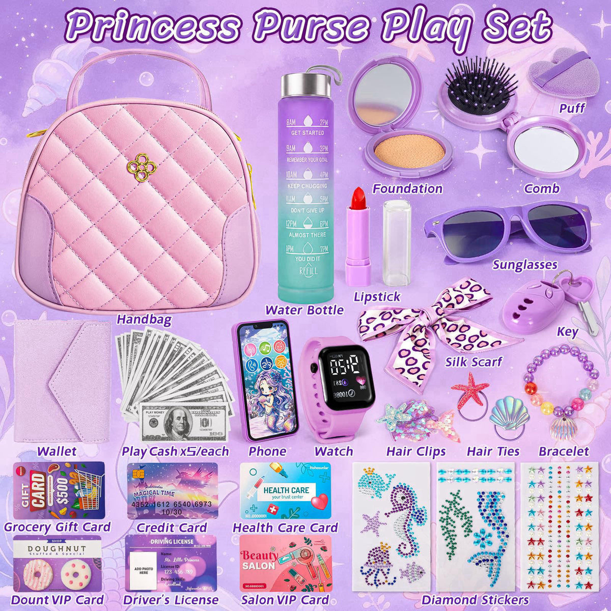 Hohosunlar Play Purse for Little Girls 3-12 with Pretend Makeup Phone Watch – packaging and label