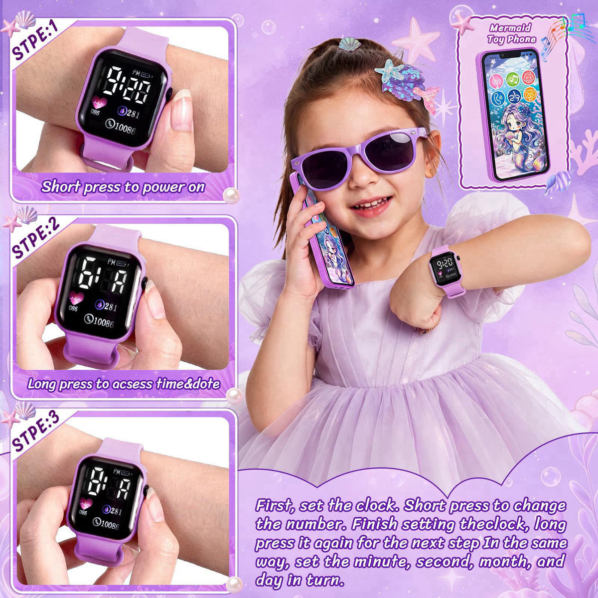 Hohosunlar Play Purse for Little Girls 3-12 with Pretend Makeup Phone Watch – back view and specifications